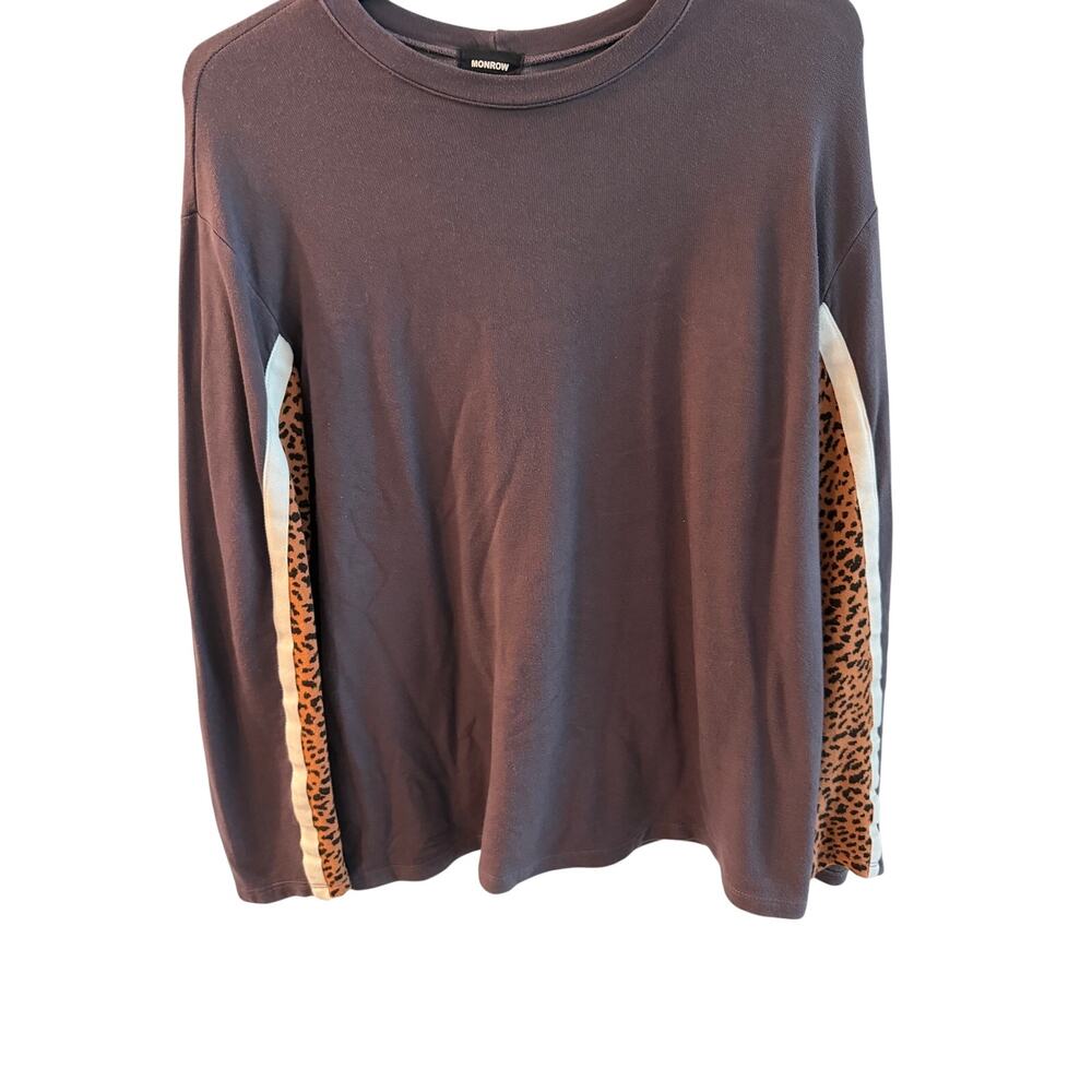 Monrow Women's Leopard Side-Panel Long Sleeve Sweatshirt Tee